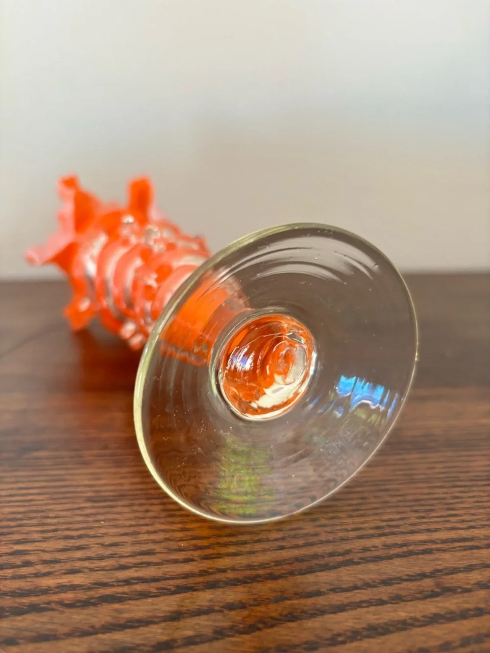Vintage Bohemian Art Glass Vase Orange Cased White Ruffled Vase